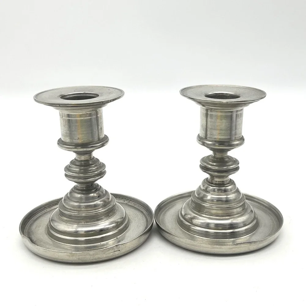Vintage Pewter Candlestick Holders Pair Baluster Stem Weighted Metal